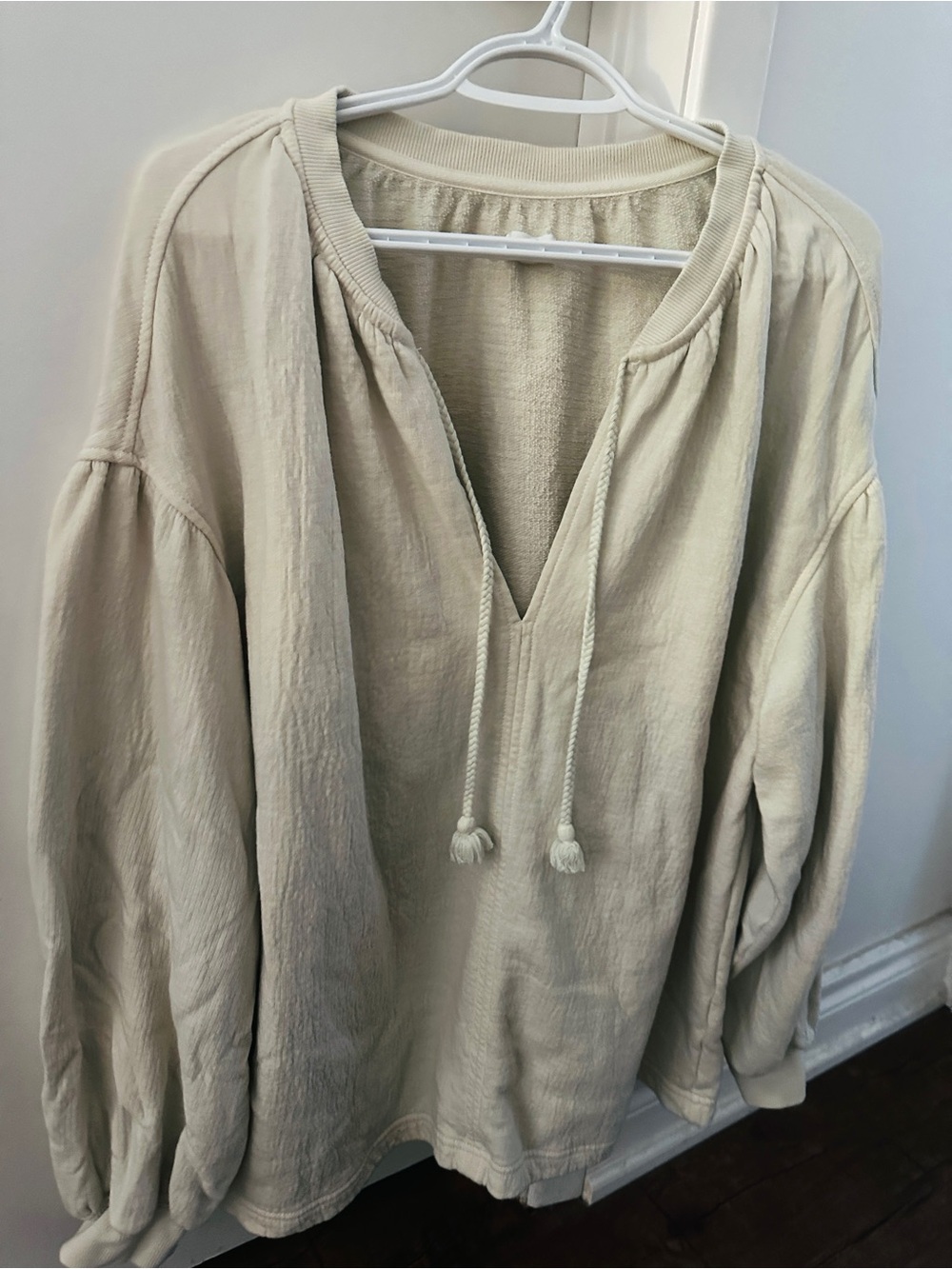 aerie Cream V-Neck Pullover Hoodie with Drawstring
